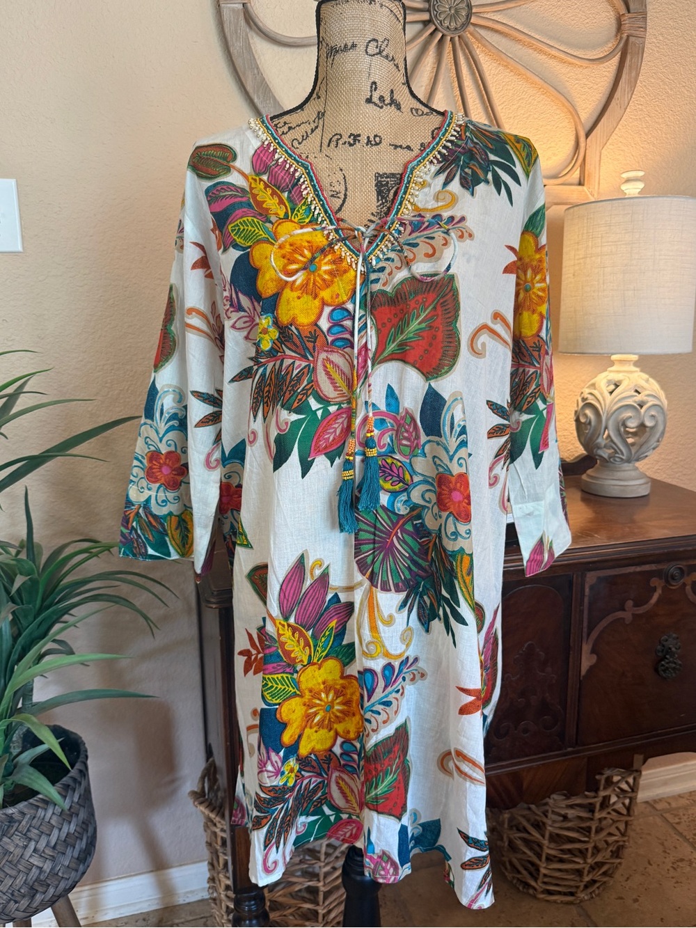 Kikisol Vibrant Floral Beaded Tunic Dress or Cover Up- Multicolor